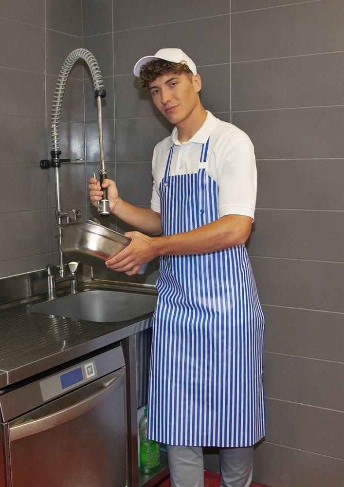 Bild von Latzschürze Wasserabweisend beidseitiger Vinylbeschichtung. Farbe Rot gestreift